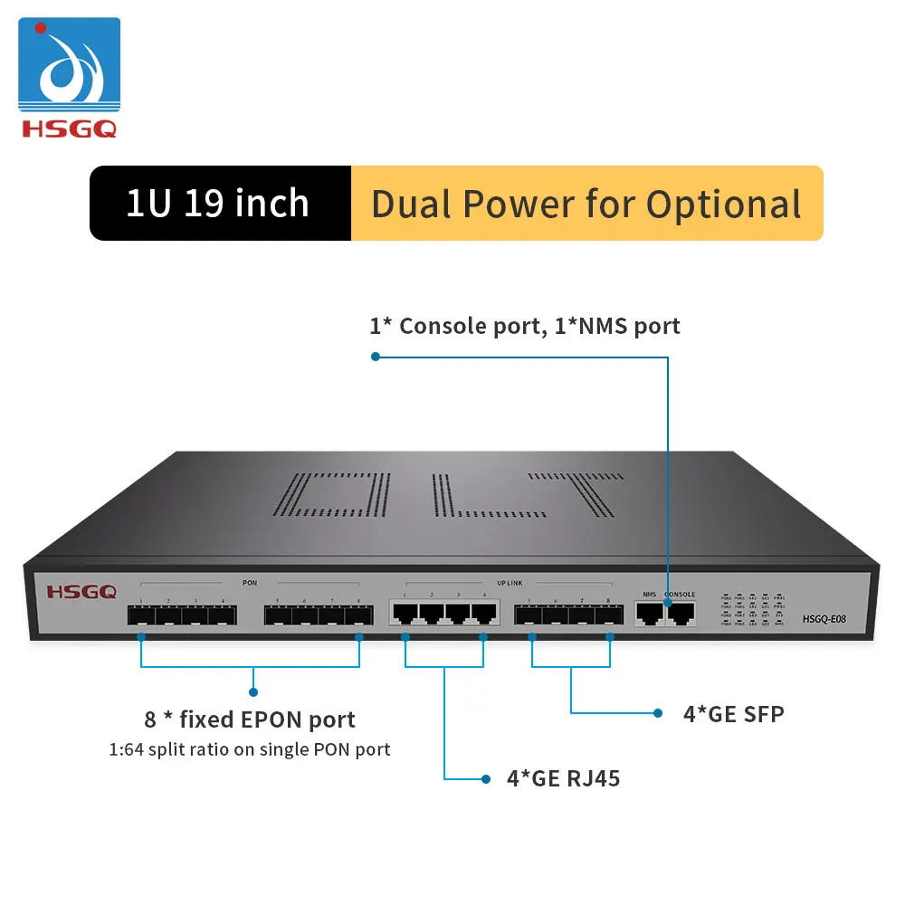 HSGQ-E08 Triple-Play EPON 8port EPON OLT 1U for FTTH Solution compatible with many branded ONU