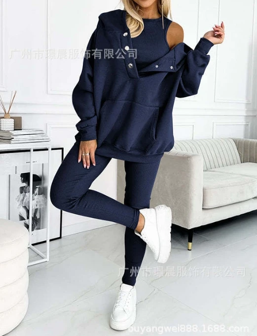 Two Piece Set for Women 2024 Solid Color Casual Comfortable Loose Fitting Long Sleeved Hoodie and Sports Plain Long Pants Set