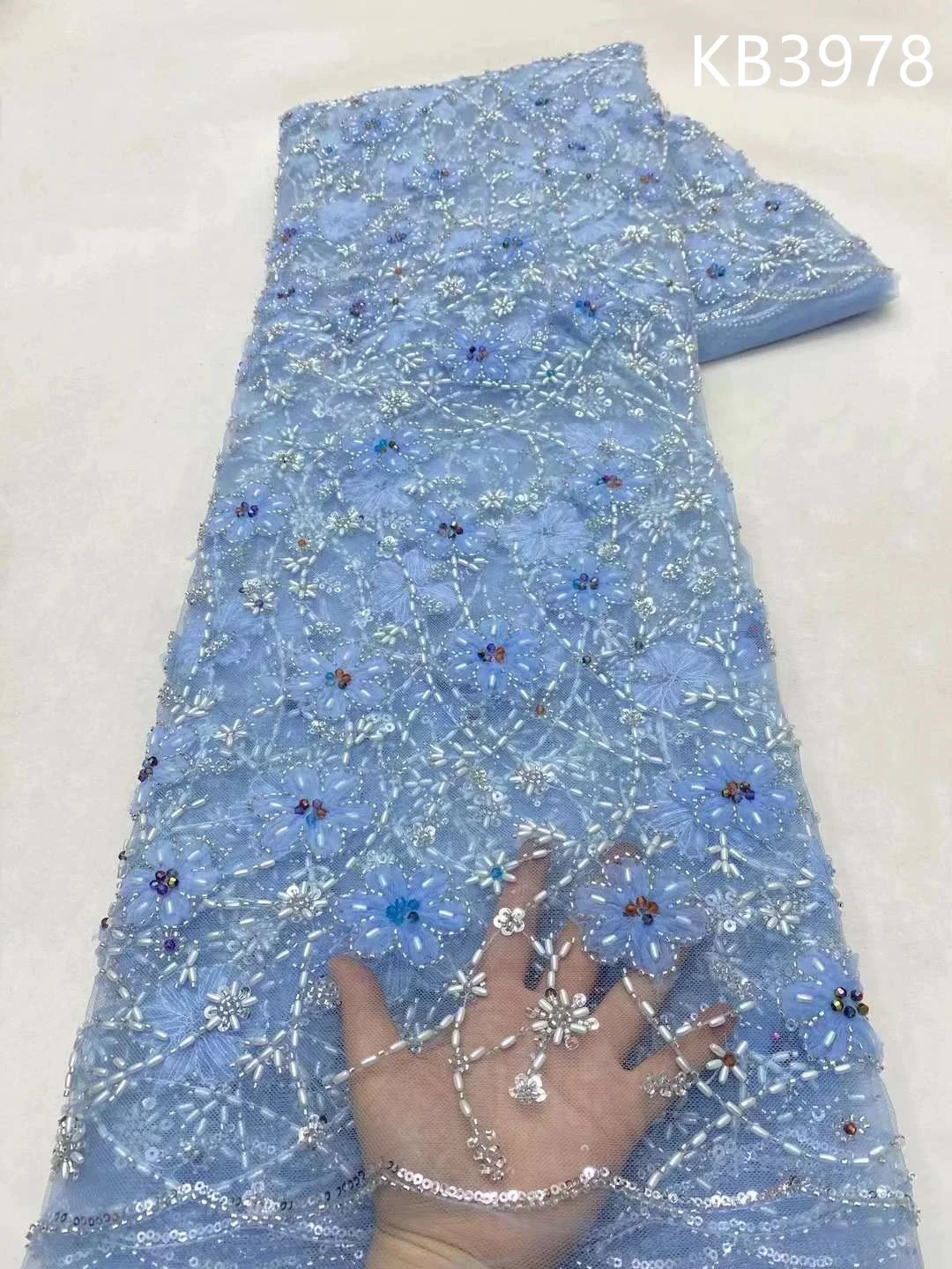 

Blue Crystal Lace Fabrics Luxury 3D Flower Appliques Beads Tulle Fabric Nigerian Sequin Laces Fabric for African Wedding KB3978