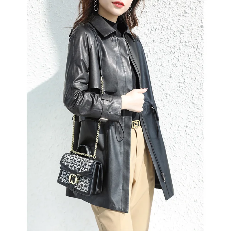 2024 New Sheepskin Leather Fashion Zipper Long Windbreaker Temperament Leather Garment