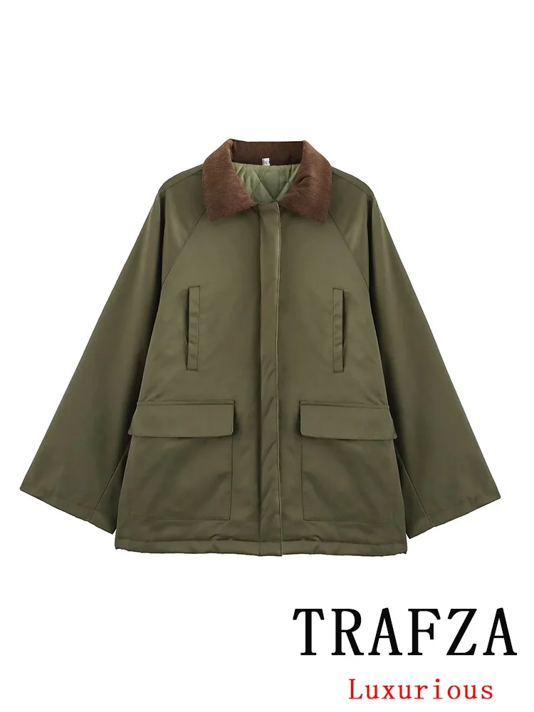 TRAFZA Casual Vintage Women Patchwork Oversized Jackets Turn-down Collar Pockets Zipper Thick Coats New Fashion 2024 Winter Coat