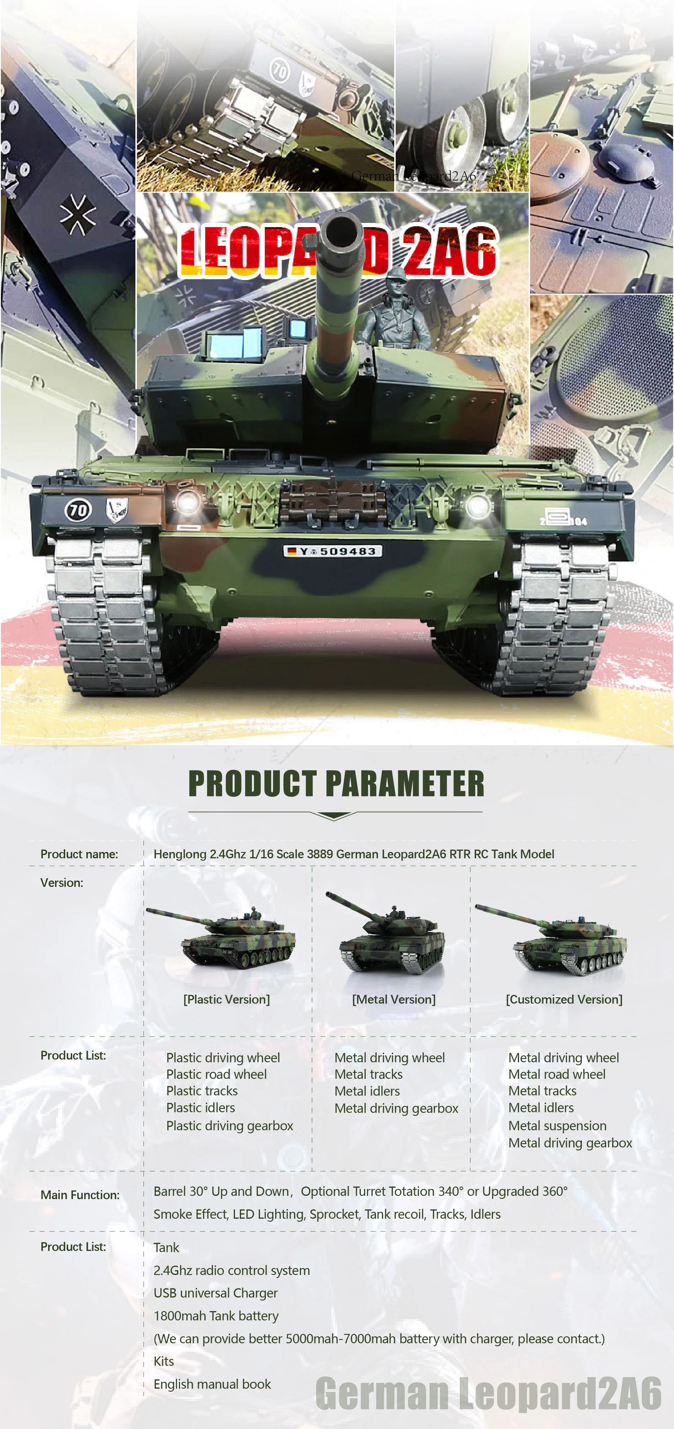 Henlong 3889-1 Leopard2A6 1/16 TK7.0アップグレード金属版
