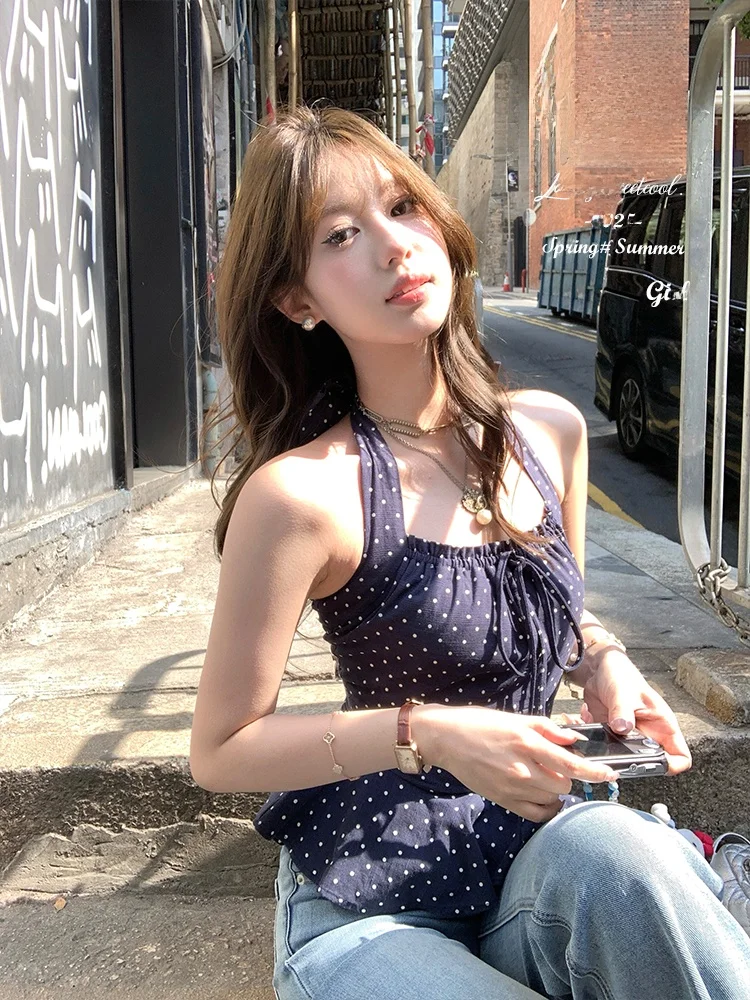 

Acaine Blue Tone ort Polka Dot Ne Hanging Strap Vest Women Summer Slimming Sexy Top Sweet Sle Cotton Blend Vest