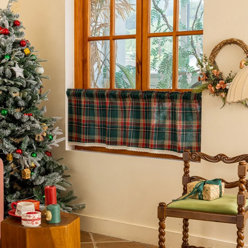 

Christmas Buffalo Plaid Curtains, Green Check Country Short Curtains Farmhouse Semi-blackout Window Drapes for Bedroom Kitchen
