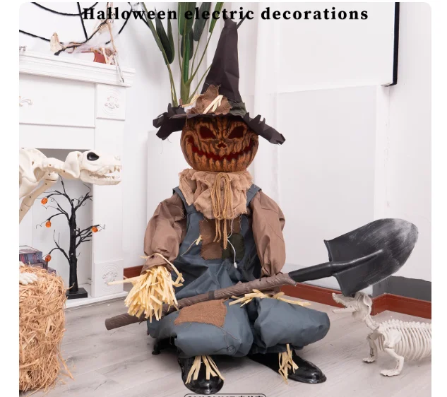 The Halloween-themed scarecrow figurine with a shovel, designed for outdoor yards, features a glowing, electrically-powered moti