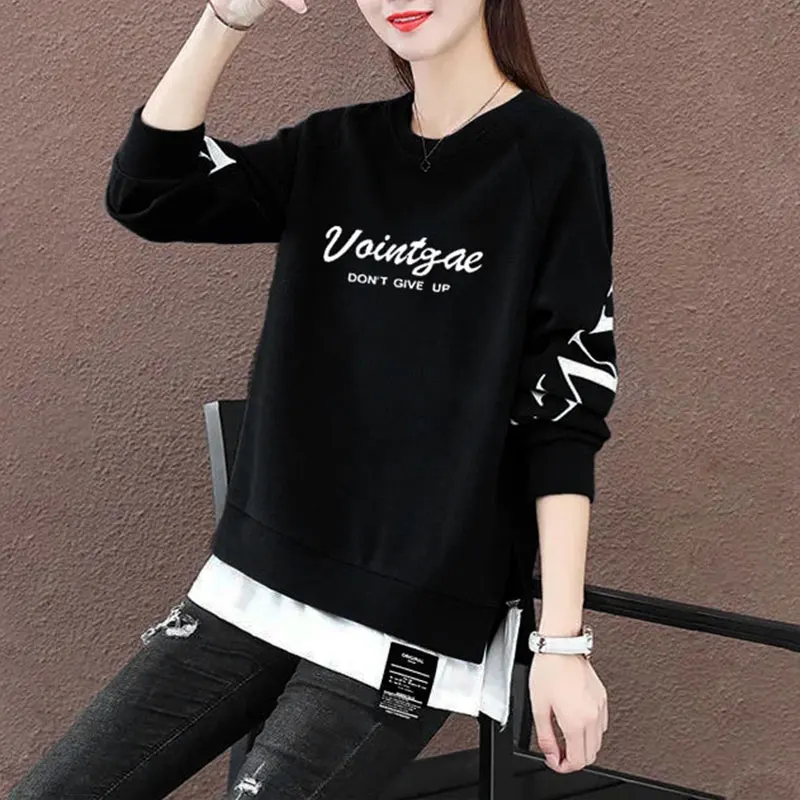 

Модная свободная женская толстовка с длинными рукавами, имитация двухслойной одежды, осенне-зимняя новинка, пальто большого размера