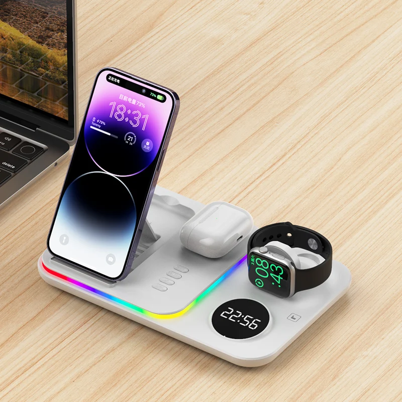 

New 5 in 1 LED Wireless Charger Dock for Apple Watch 10/9/8/7/6 Airpods Fast Charging Station for iPhone 16 15 14 13 12 Pro Max