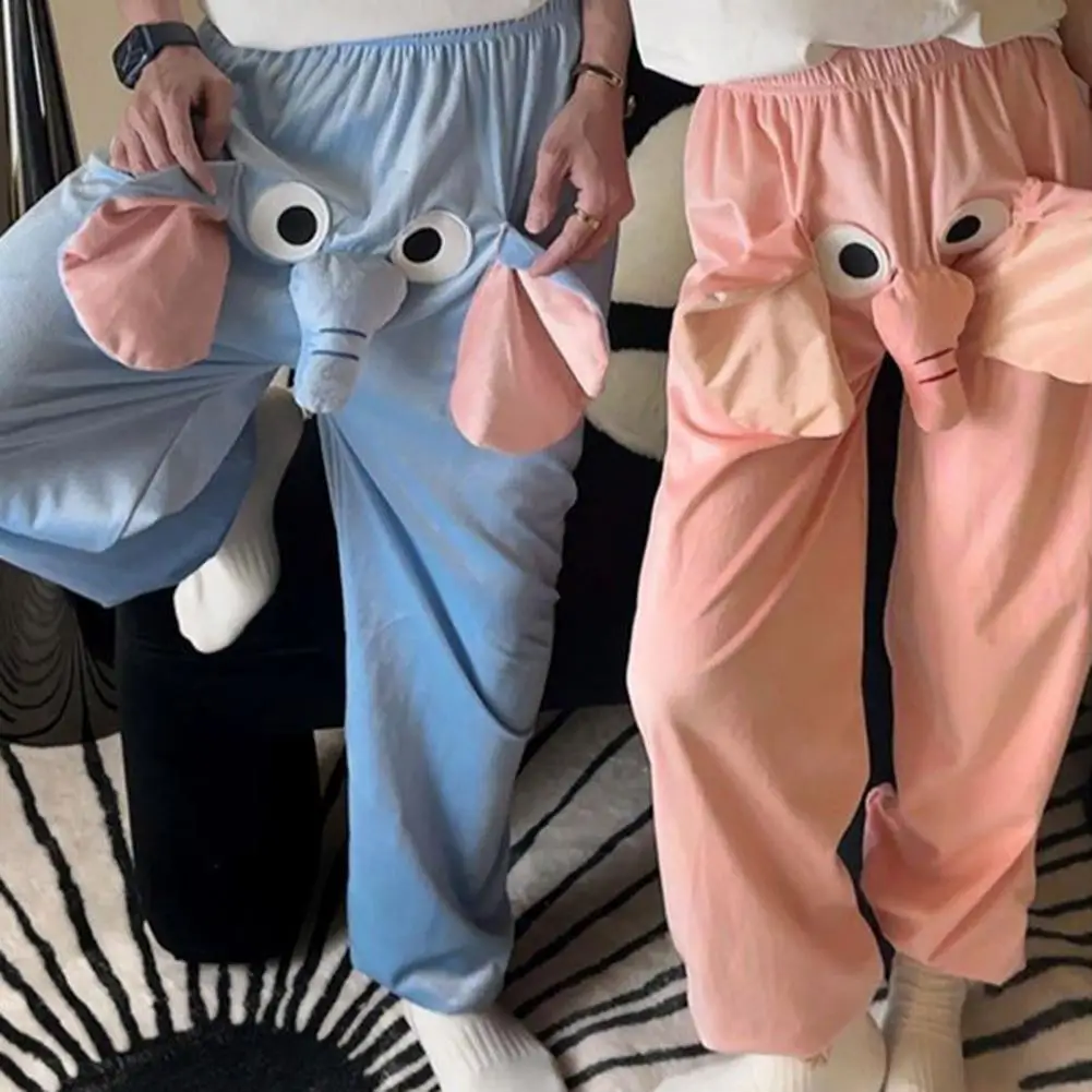 Winter Couple Pajamas Pants Funny Cartoon Elephant Decor Homewear Pants Elastic Waist Plush Ankle-banded Long Sleep Trousers