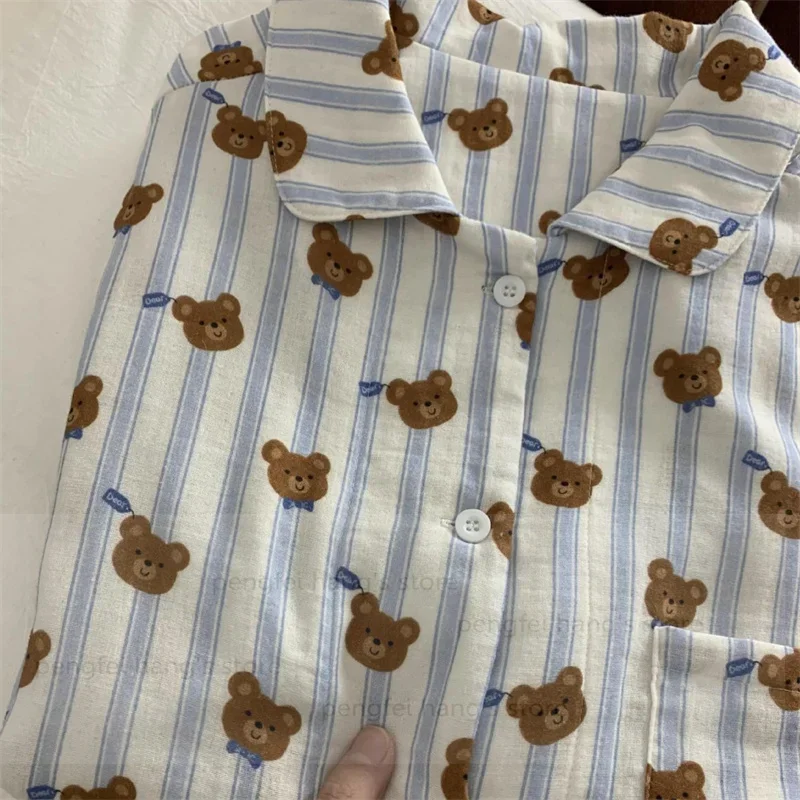 

Хлопковые пижамы De Mujer, синяя полосатая одежда для сна с медведем, женская ночная рубашка, домашняя одежда с длинными рукавами, осенняя новая кавайная одежда для дома