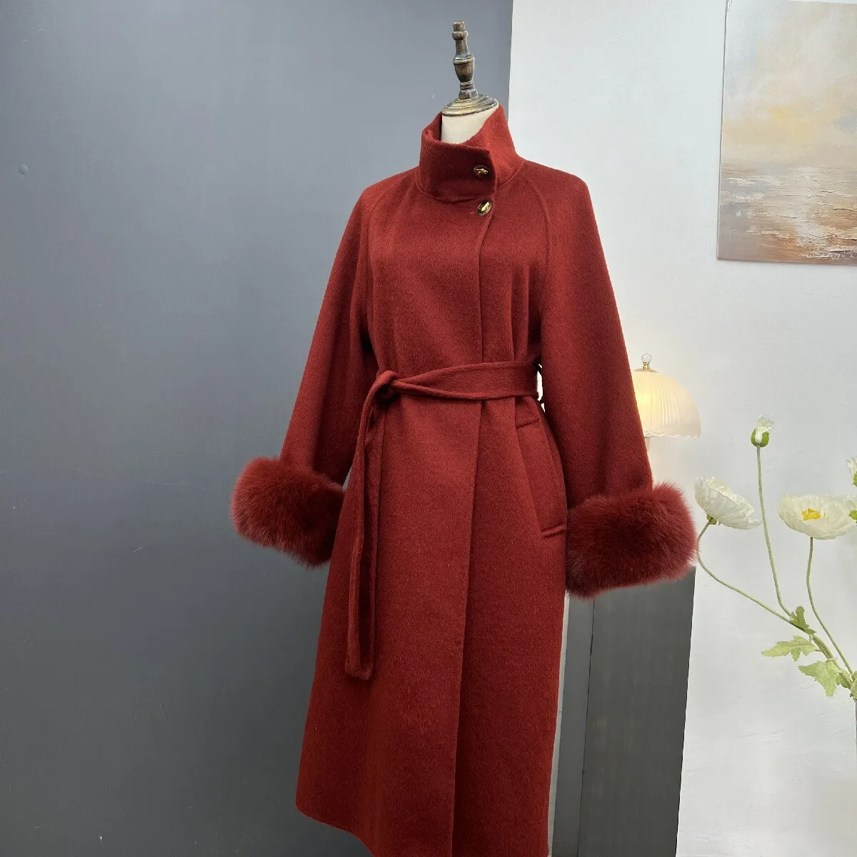 autumn and winter new item stand collar high-end double-sided cashmere coat women's long woolen coat real fur fur