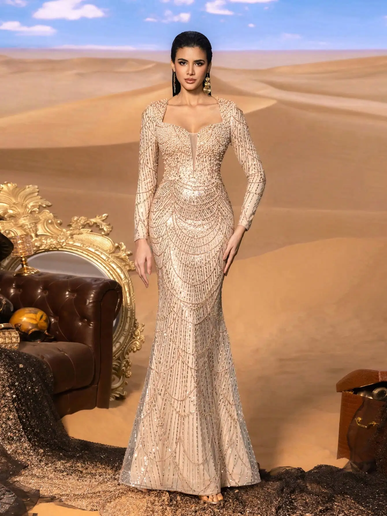 

Elegant Beaded Mermaid Gown with Sweetheart Neckline & Long Sleeves for Gala Events
