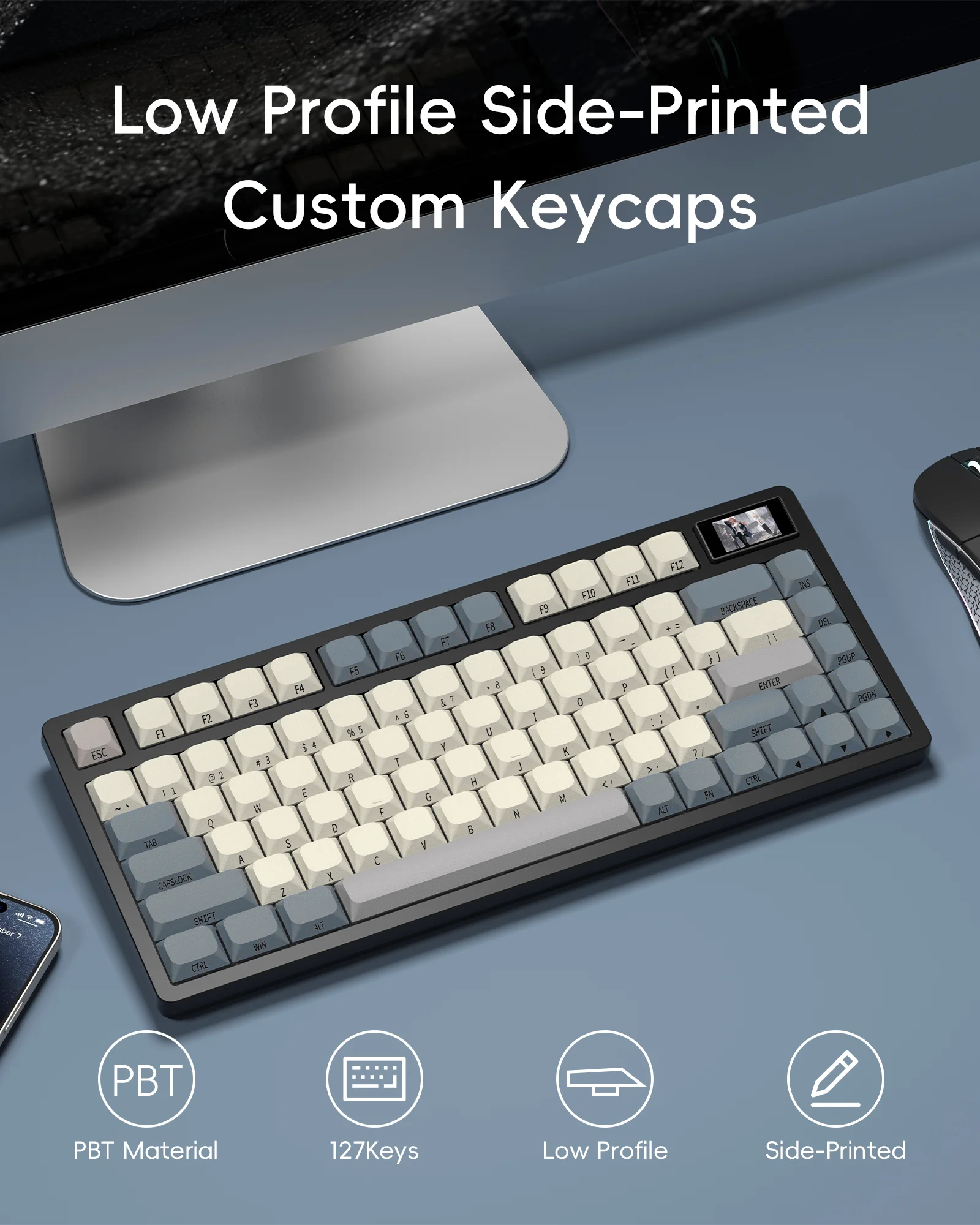 QBYI Low Profile Keycaps PBT keycaps Dye-Sub Side Engraved Mechanical Keyboard Keycap 127 keys Compatible with 61/64/75/87/96/10
