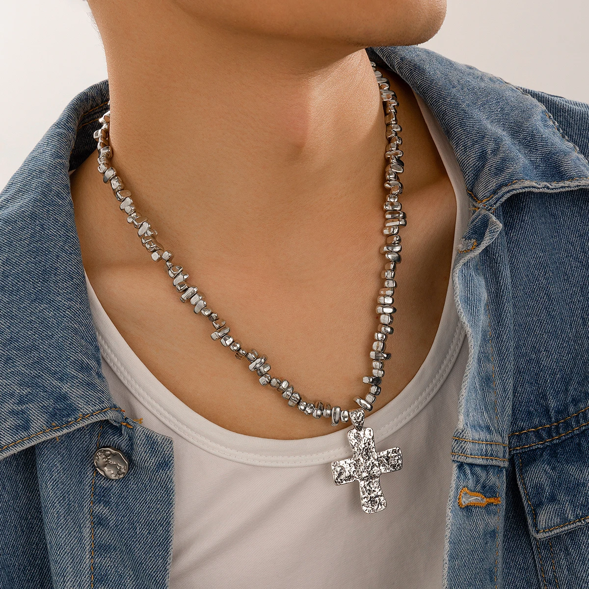 Trend Irregular CCB Beads Chain Choker Necklace for Men Hip Hop Silver Color Cross Pendent Necklace 2024 Male Jewelry Accessory