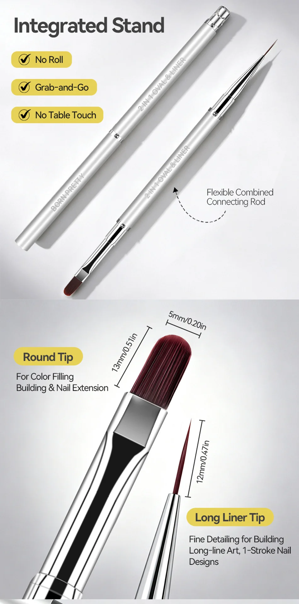 BORN PRETTY 2-in-1 Oval- & Liner-Nagelbürste, Mehrzweck-French-Stripe-Linienmalstift, schneller Nagelverlängerungsstift für die Maniküre – Detail 3