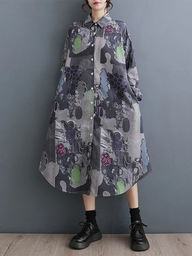 

2024 Spring Autumn New Long Sleeve Vintage Print Dresses For Women Korean Fashion Loose Casual Midi Dress Robe Elegant Clothing