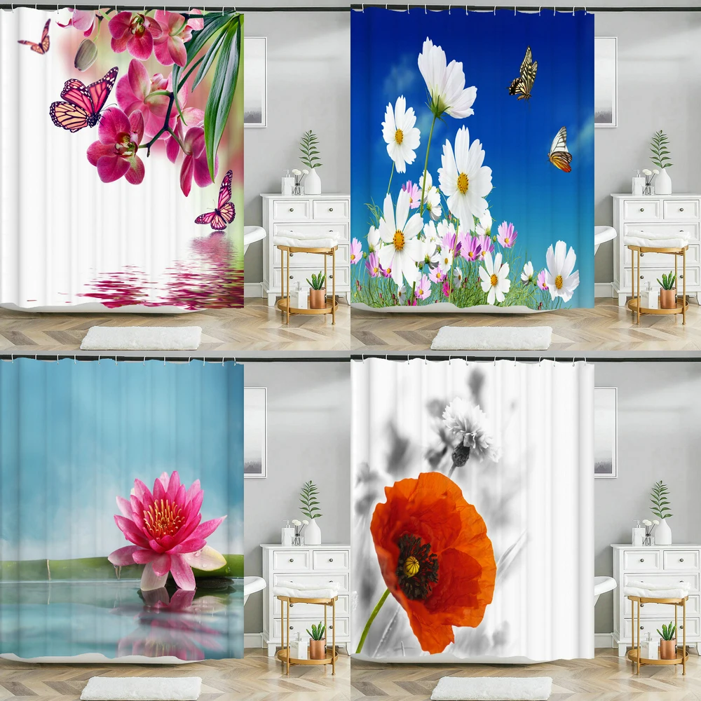 

Waterproof Shower Curtain with 12 Hooks Beautiful Colorful Natural Flower Printed Bathroom Curtain Polyester Home Decor Curtains