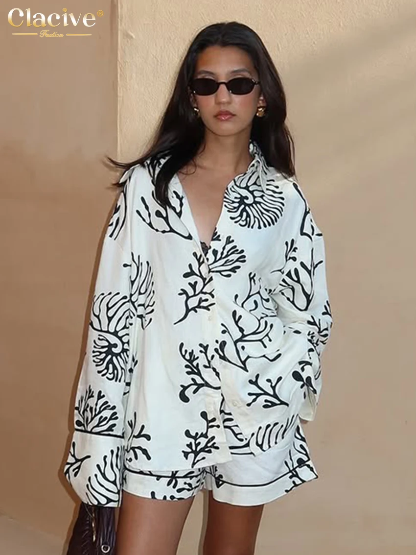 

Clacive Fashion Loose Print 2 Pieces Set For Woman 2025 Elegant Long Sleeve Shirt With High Waist Shorts Set Female Clothing