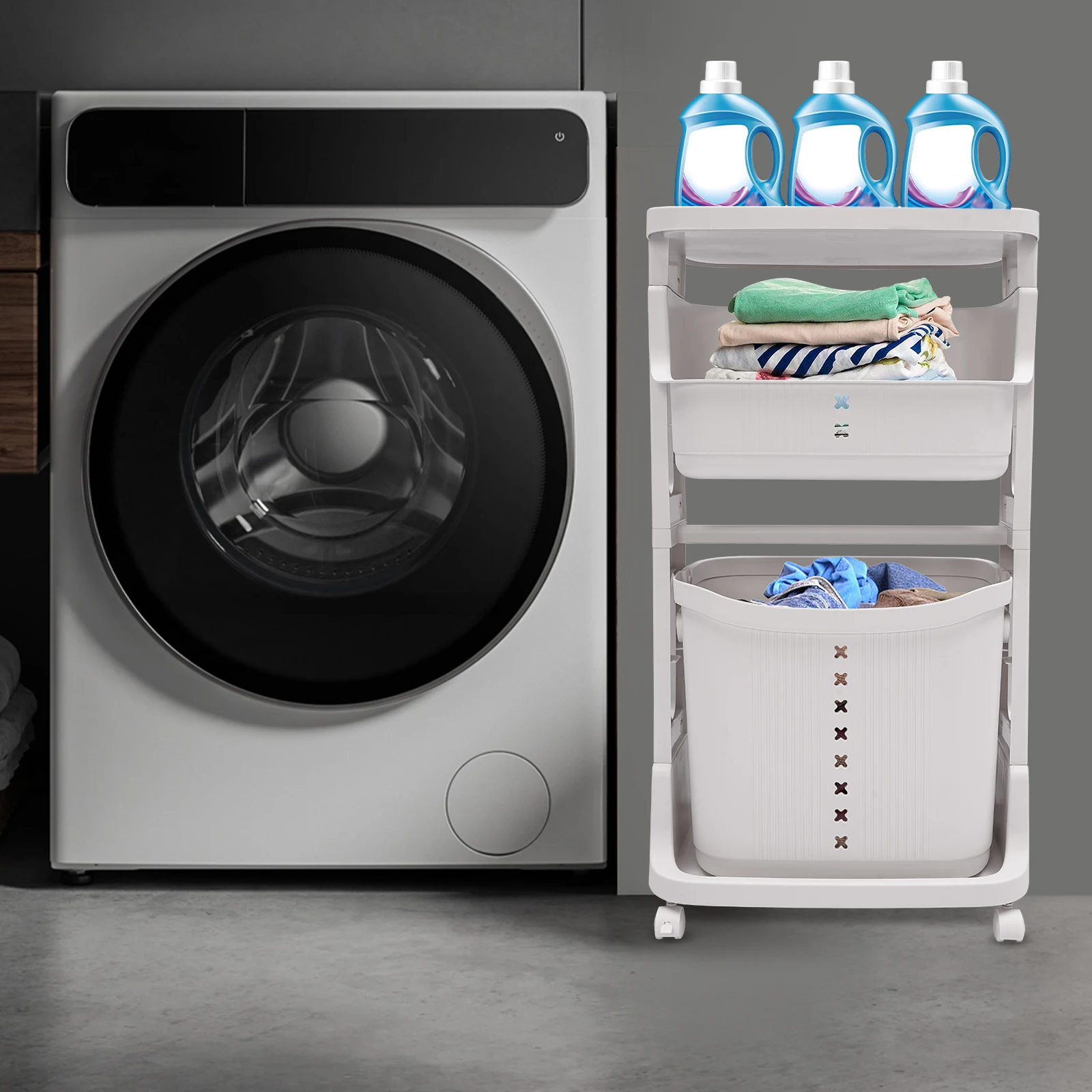 3 Tier Rolling Storage Cart, White Laundry Baskets, Portable Laundry Baskets, Laundry Hampers