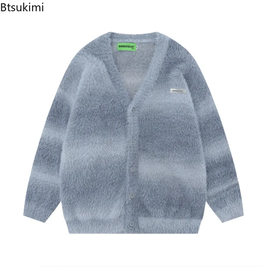 Men's Yellow Striped Thickened Knitted Cardigan Autumn and Winter Thickened Fleece Warm Loose Long-sleeved V-neck Sweater Jacket