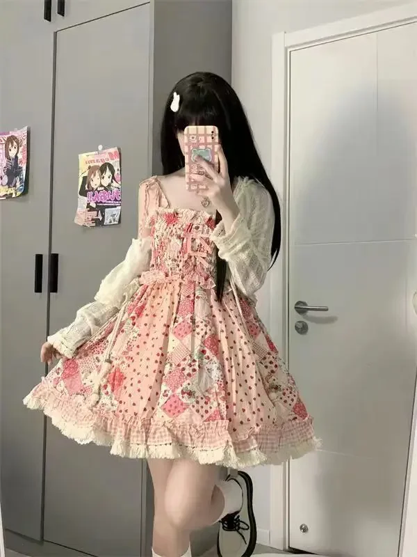 

2025 NEW Japan Strawberry Heart Song Floral Stitching Suspender Skirt Lace-up Cardigan Japanese Style Sweet Dress