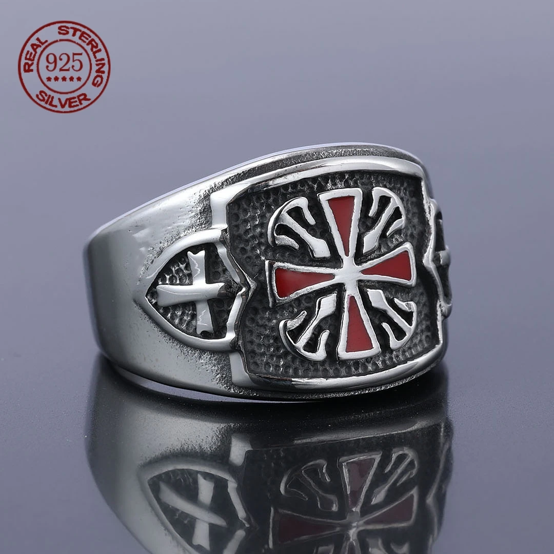 

S925 Sterling Silver Red Armor Shield, Templar Knight Cross Men's Ring Retro Motorcycle Seal Jewelry Exquisite Gift