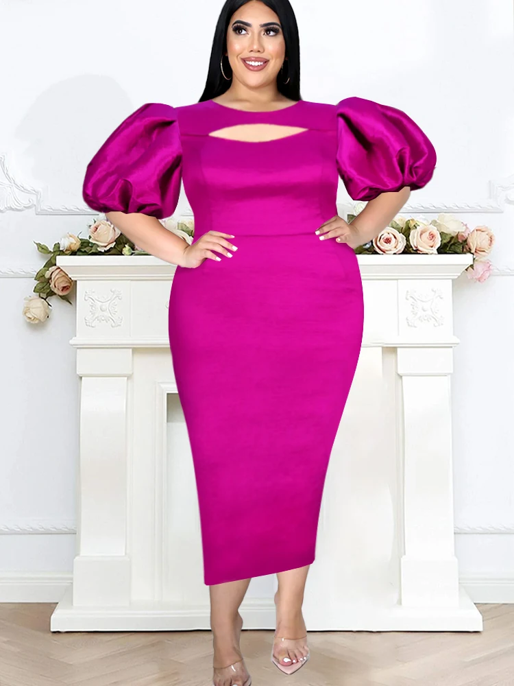 Fuchsia Evening Party Dresses Plus Size 4XL Sexy Bodycon Puff Short Sleeve Summer Cocktail Birthday Gowns Long Outfits 2023 New