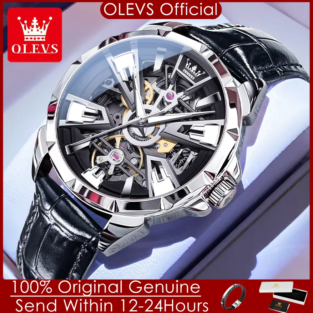 

OLEVS New Skeleton Automatic Man Watch Original Leather Strap Hollowed Fashion Men's Mechanical Watch Waterproof Watches for Men
