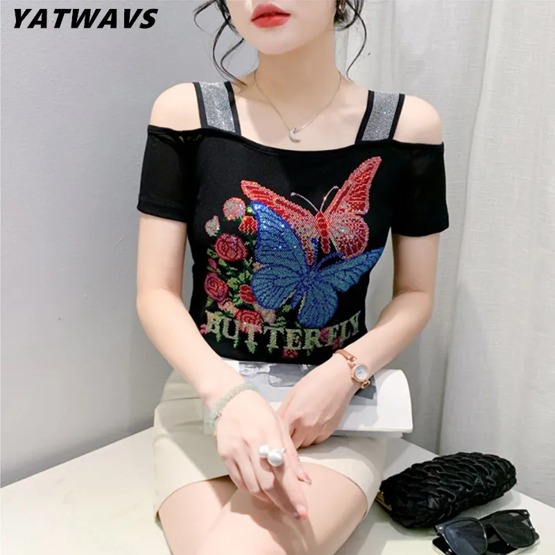 Streetwear Girl Summer Fashion Butterfly Shiny Diamonds T-Shirt  Chic Sexy Off Shoulder Tees Women Stretch Mesh All Match Tops