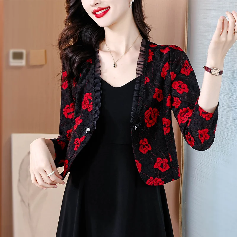 Fashion Slim Lace Short Jacket Women 2024 Long Sleeve V-Neck Black White Cardigan Women Jacket Coat Women Jackets Clothes D105