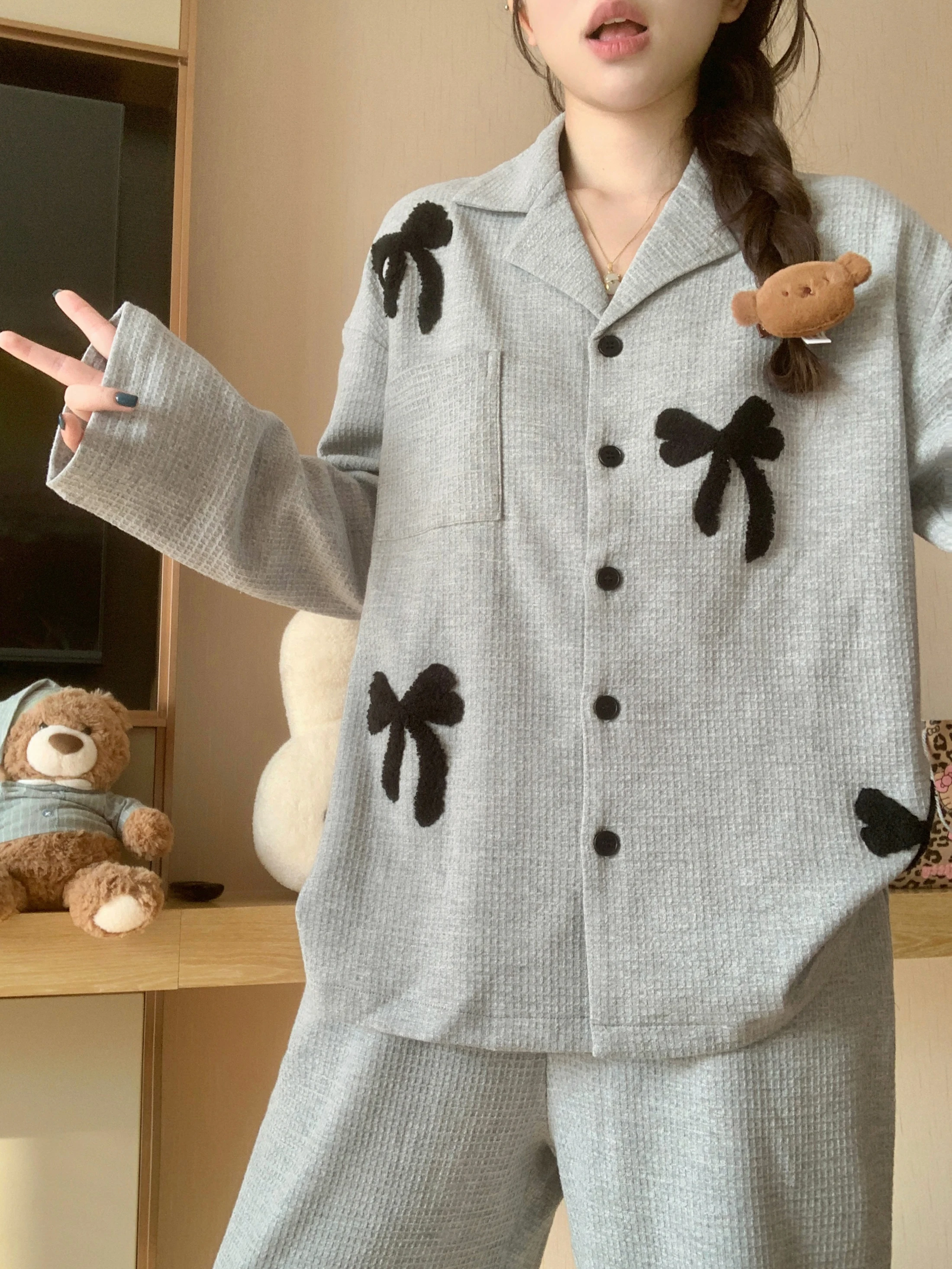 

Pure Cotton Long Sleeve Long Pants Sleepwear Set Women's Casual Knot Home Clothes 2026 Spring Can Be Worn outside