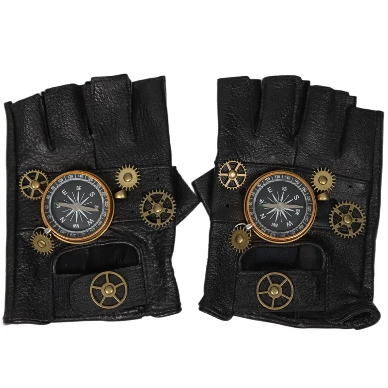 

Leather Steampunk Gloves Gear Half Finger Gloves Compass Retro Guantes Medieval Armor Gloves for Men Cosplay Costume Props