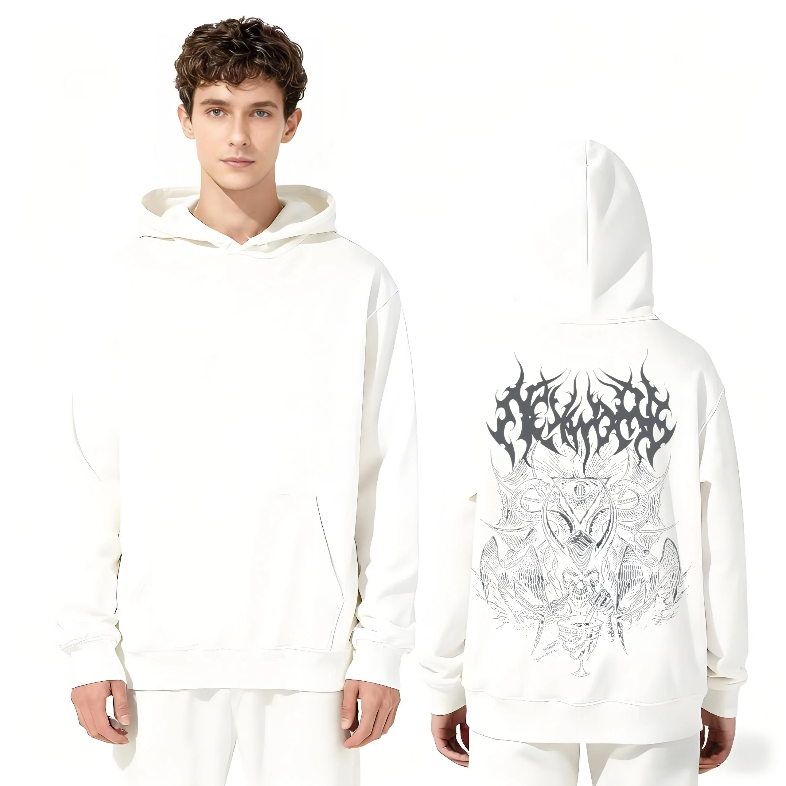 

2025 New Fashion 330gsm Heavyweight Hoodie White Black Flame Graphic Print Front Back Comfortable Unisex Casual Sweatshirt