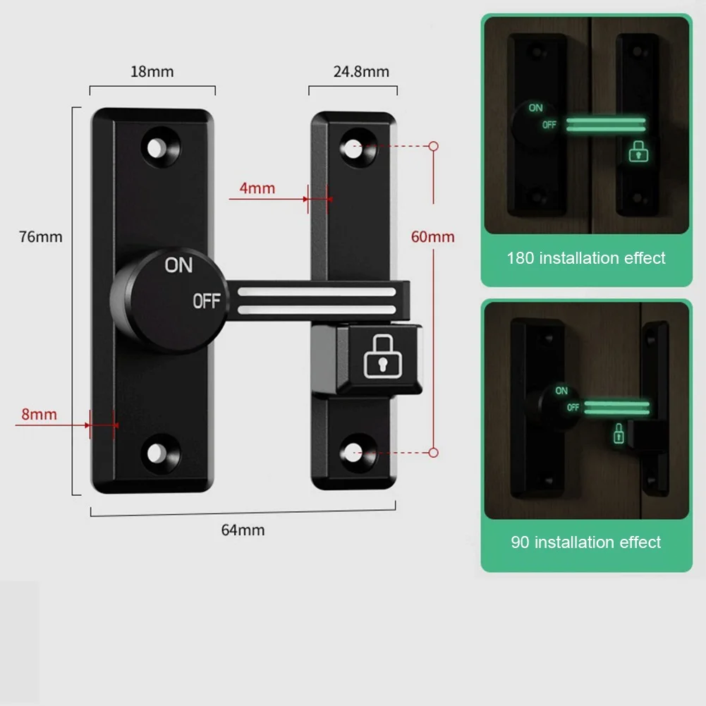 Door Latch Luminous Sliding Door Lock 90 Degree Barn Bolt Zinc Alloy Gate Latch Lock Window Cabinet Hook Lock Buckle Hardware