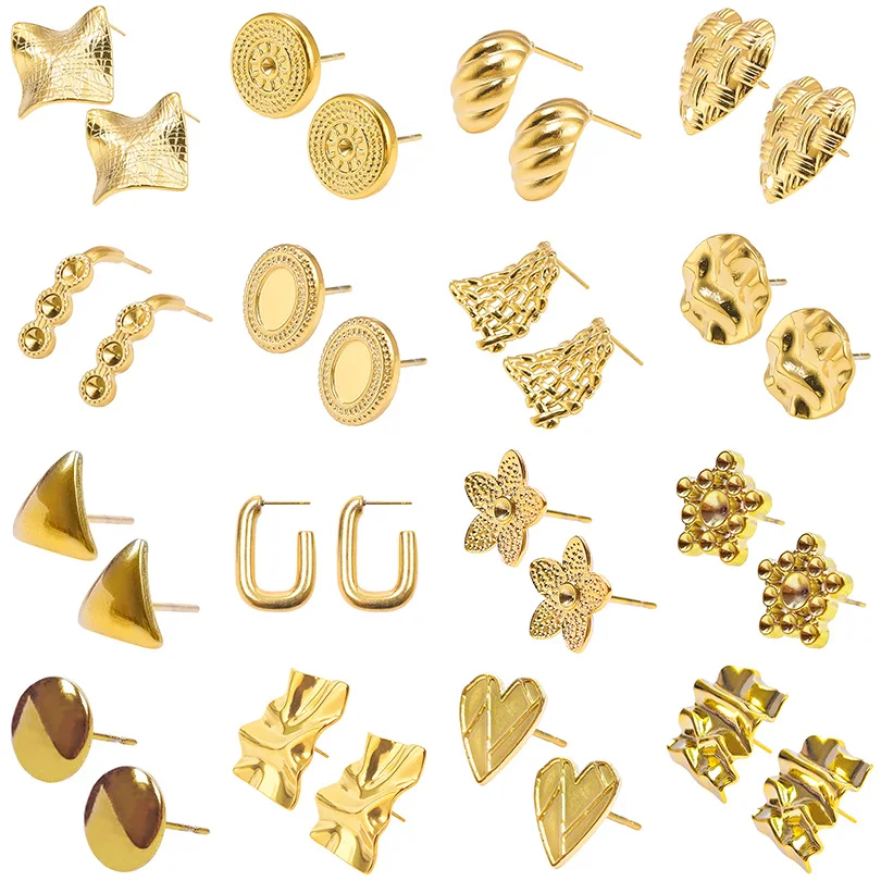 6pcs Fashion Heart Shape Irregular Earrings Gold Plated Minimalist Exaggerated Geometric Punk Stainless Steel Earrings for Women
