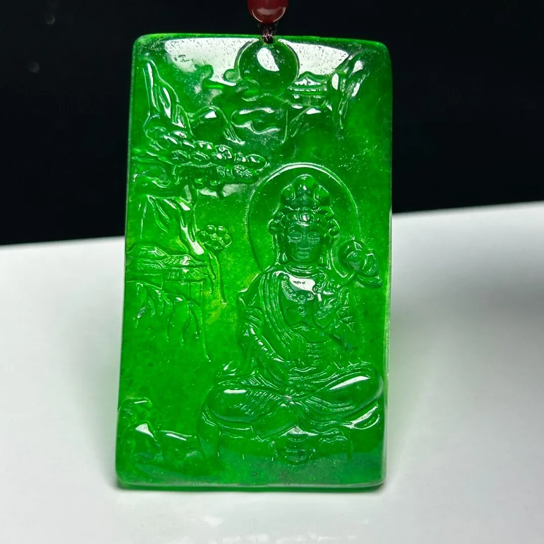 Natural Ice Green Jade Jadeite Carved Avalokitesvara Pendant&Necklaces