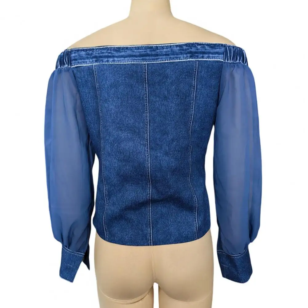

Blouse Lightweight Women Tops Summer Tops for Women Mesh Splicing Denim Shirt Blouse Off Shoulder Long Sleeve Chiffon for Work