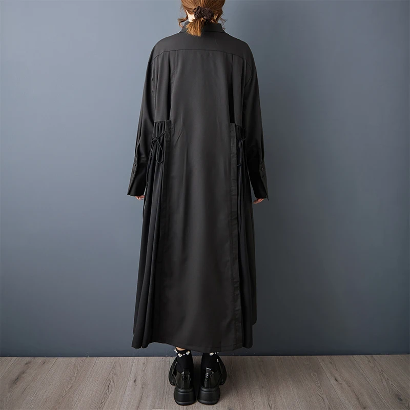 Loose Fit Long Sleeve Shirt Dress Dark Style Asymmetrical Waist High Polyester Fiber Summer Casual High Waist Long Skirt 4