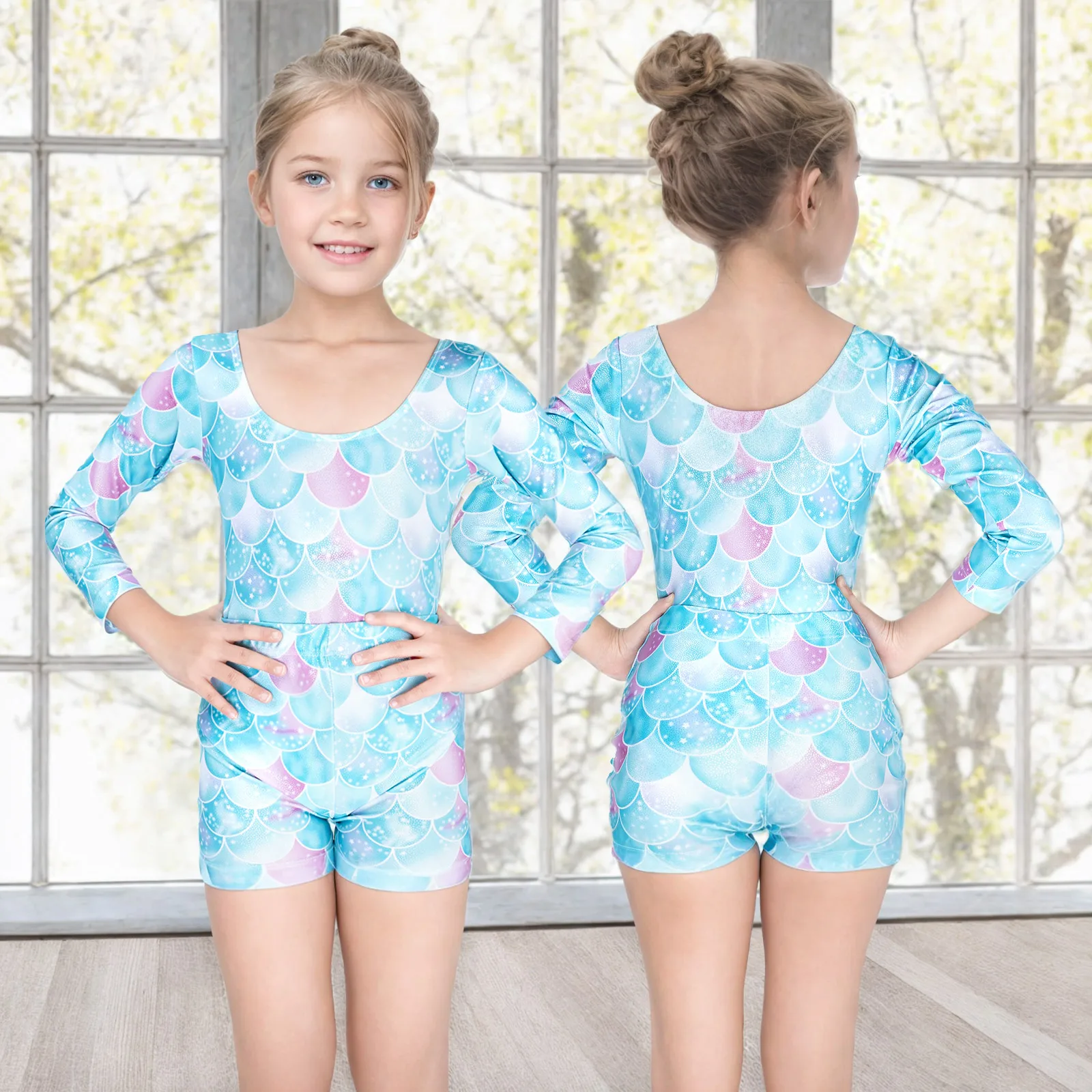 Girls Dance Ballet Leotard With Body Shorts Hair Band Long Sleeve Workout Outfits Bodysuit Gymnastics Clothes for Girls