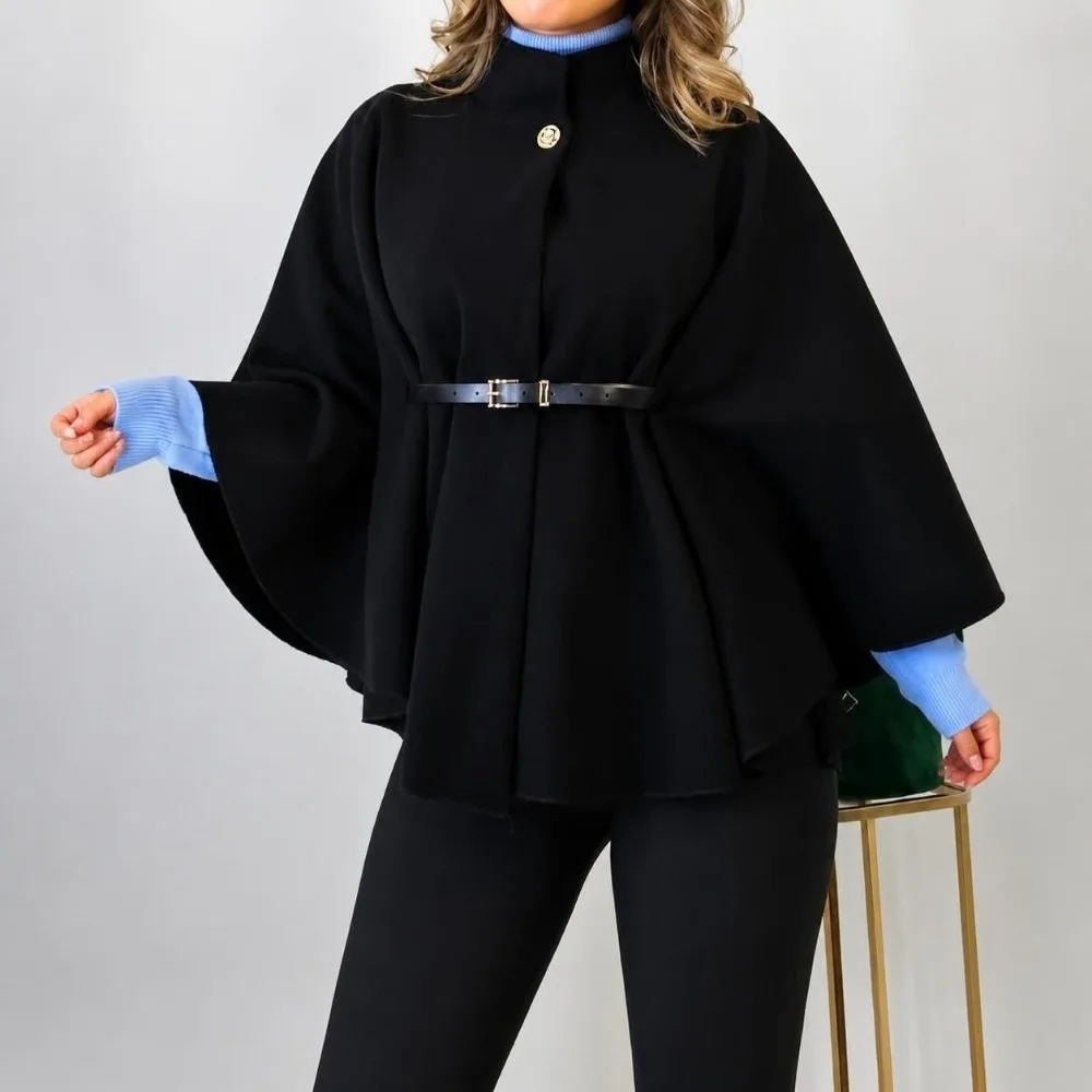 Solid Color Short Cape Coat Fitted Waist Belted Design Elegant Cloak Jacket Loose Fit Thick Warm Batwing Sleeve Coat for Women