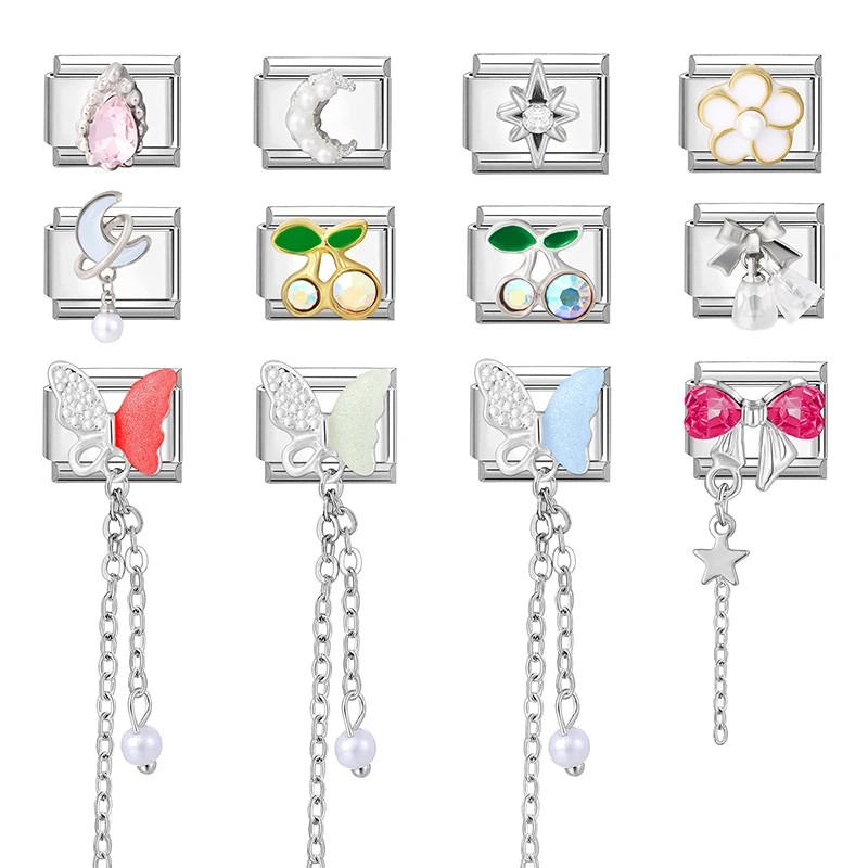 Zircon Moon Cherry Bow Knot Butterfly Heart Star Italian Charm Links Fit 9mm Bracelet Stainless Steel DIY Jewelry Making Gifts