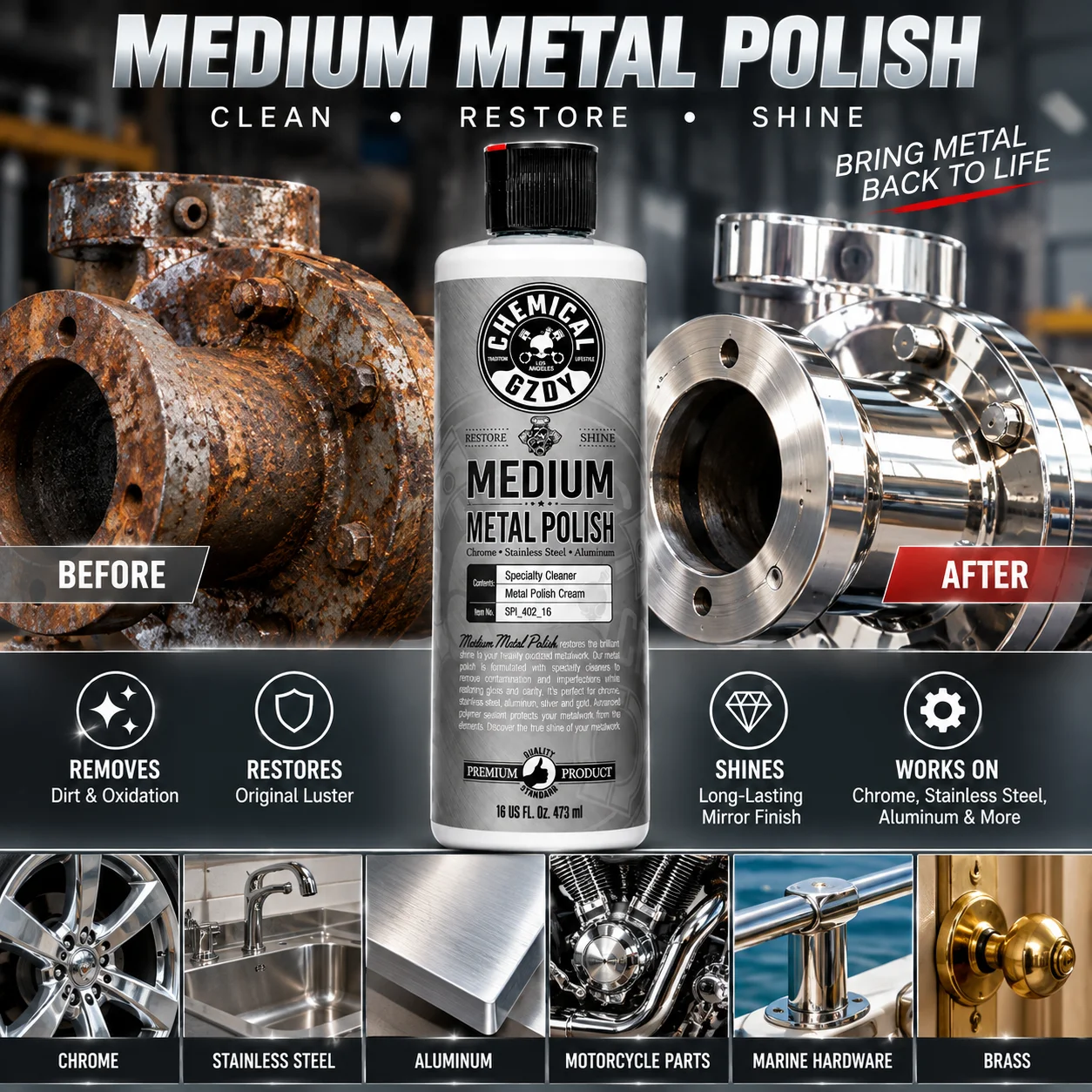 Medium Metal Polish Cream, Oxidation & Stain Remover, Shine Restorer for Chrome Stainless Steel Aluminum