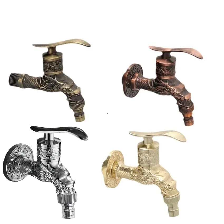 Carved Wall Mount Antique Bronze Washing Machine Faucet Single Cold Water Valve Taps Mop Pool Faucet Accessories