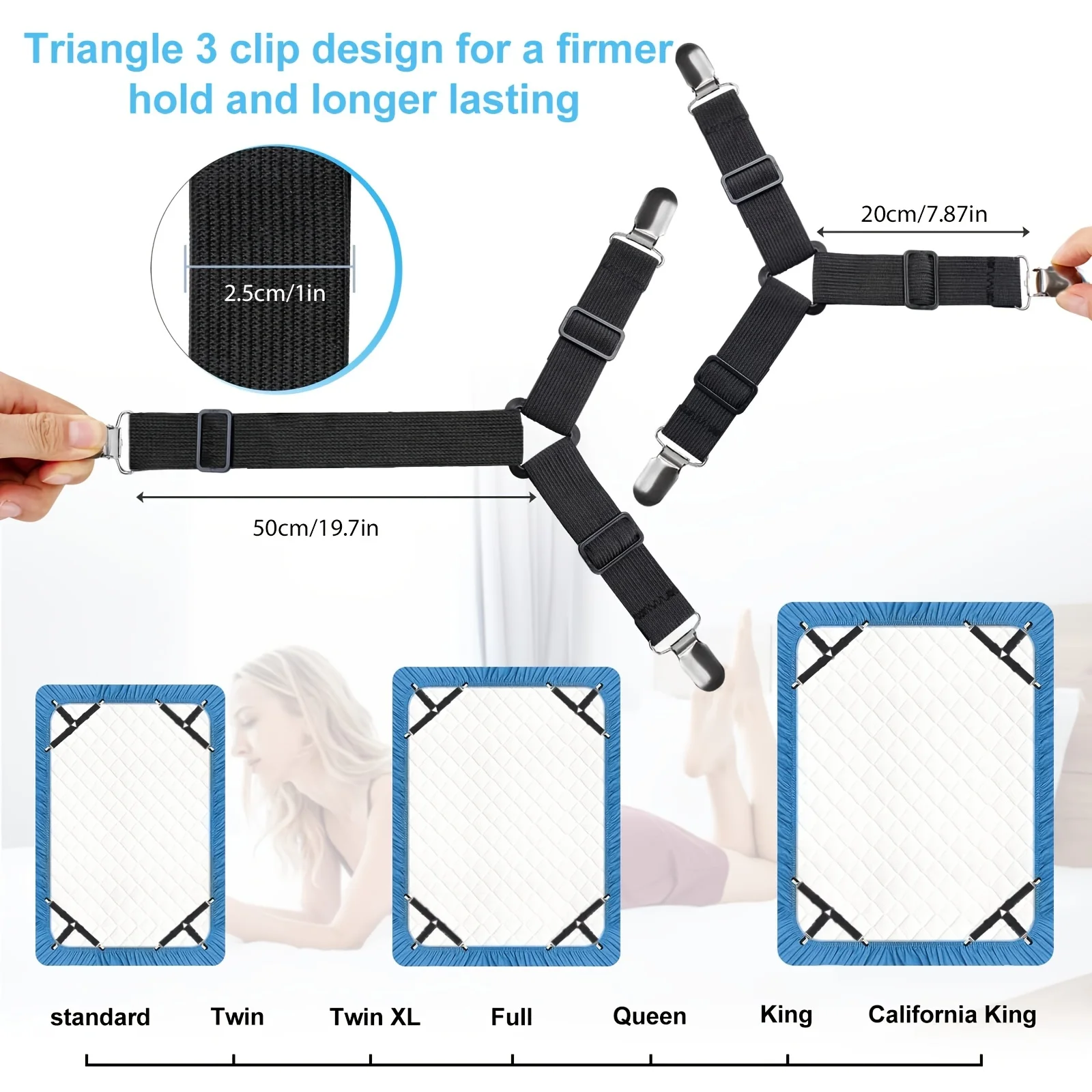 4pcs Adjustable Sheet Fasteners, Triangular Elastic Sling Clip Fixing Strap Clip for Sheets, Mattress Covers, Sofa Cushions