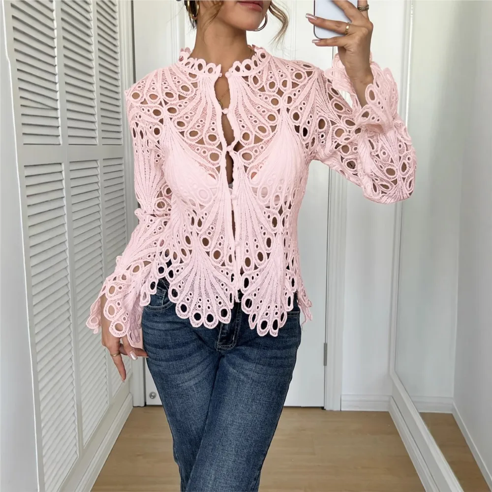 Women's Sexy Lace Hollow Solid Color Evening Shirt Spring Summer New Fashion Elegant Female Casual Versatile Long-sleeved Tops