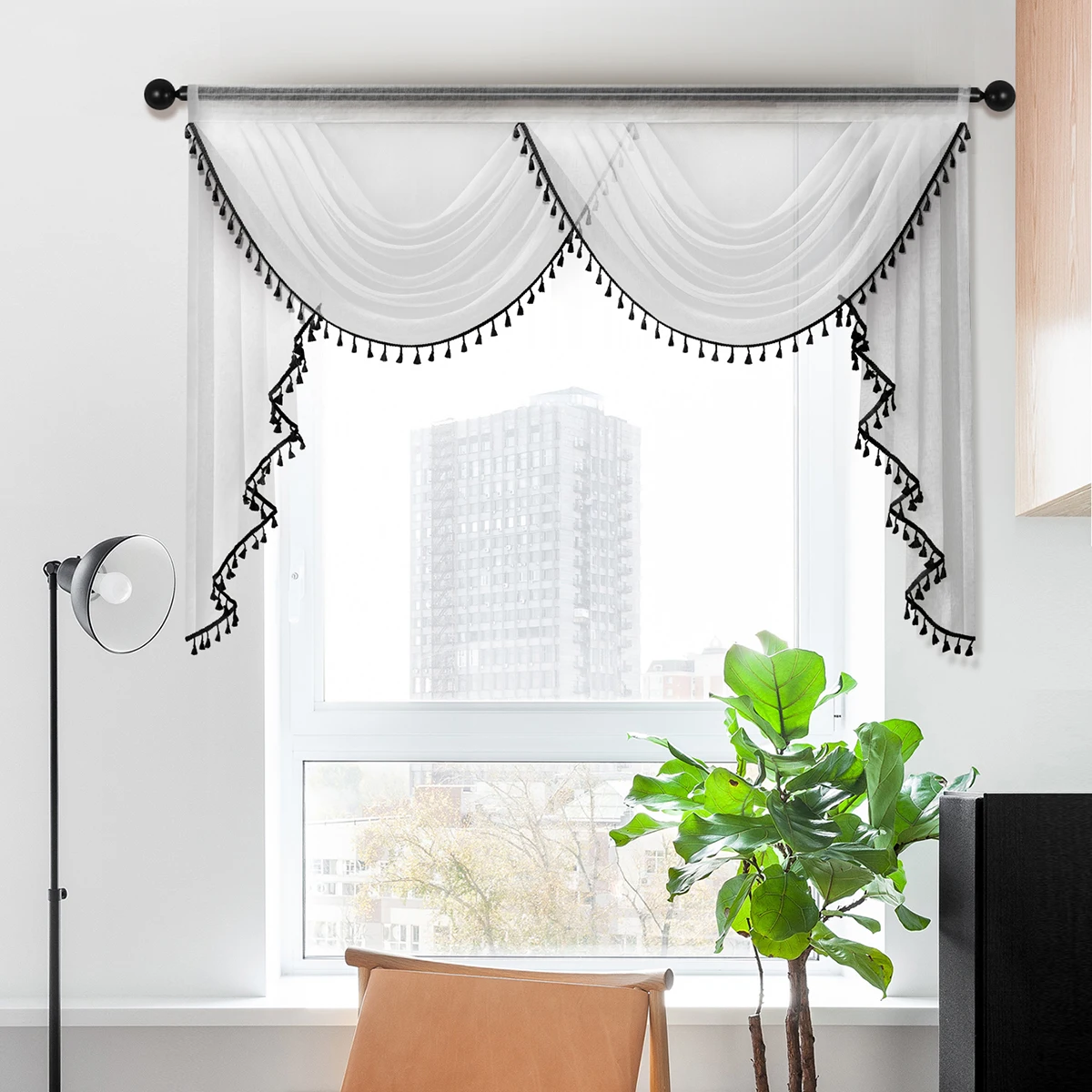 1pc Pure Color Sheer Valance with Tassel，Rod Pocket，Simple European Style Waterfall Swag Valance for the Room Window and Door