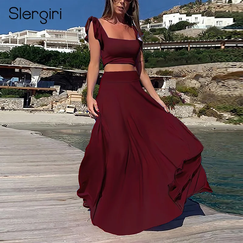 

Slergiri Women's Solid Color Butterfly Sleeve Crop Top with Long Skirt 2025 Summer Elegant Vacation Woman 2 Pieces Set
