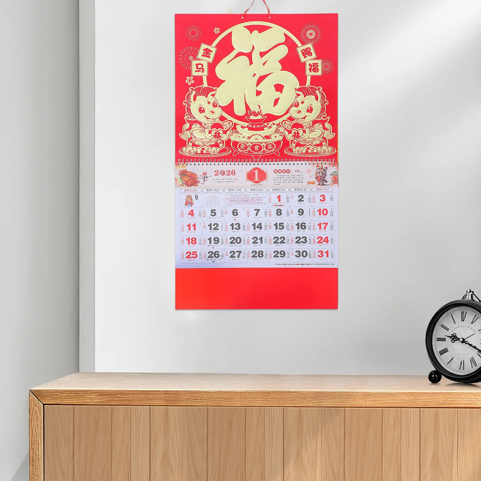 2 Stück 2026 Hängekalender Jahr des Pferdes Chinesisches Sternzeichen Monatlicher Mondplaner Rot Traditionelles Design Home Office Dekor