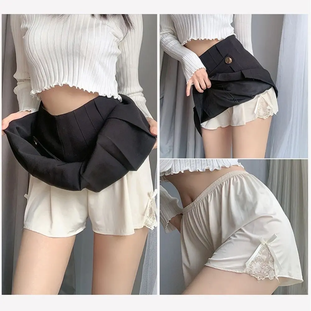 New Lace Bow Ice Silk Safety Shorts Split-hem Women's Underwear Thin Loose-fitting Leggings Breathable Seamless Safety Shorts