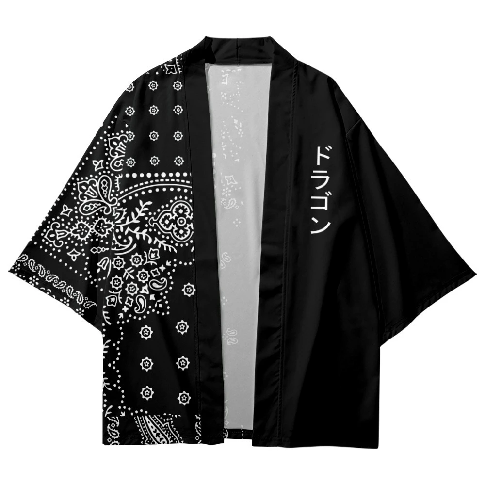 Men's Black Paisley Bandana Print Kimono Cardigan Japanese Streetwear Open Front Short Sleeves Casual Loose Tops for Adult Men