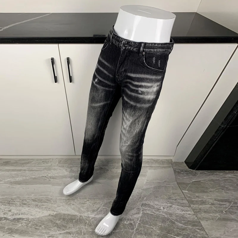 Y2K High Street Fashion Black/Grey Painted Scratched Water Washed Stretch Slim Fit Jeans Hip Hop Pants Nostalgic Style